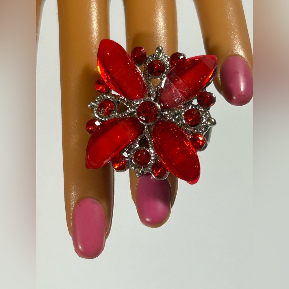 Stunning Ruby Red Statement Flower Ring Adjustabl… - image 3